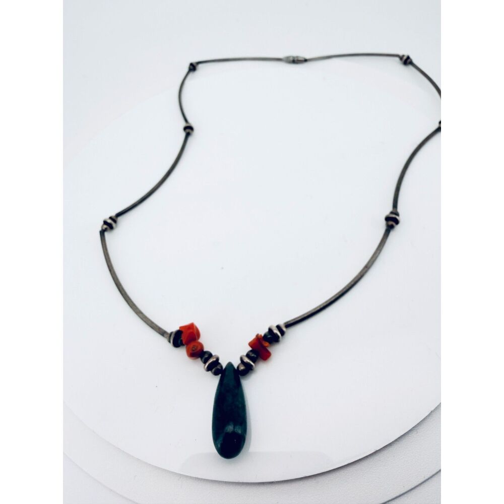 Vintage Sterling Silver Cord/Section Necklace - Green Stone and Coral